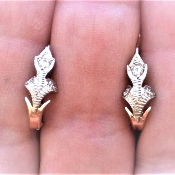 Vintage Original Soviet USSR Solid 14K 583 Rose Pink White Gold Diamond Earrings - Picture 3 of 7